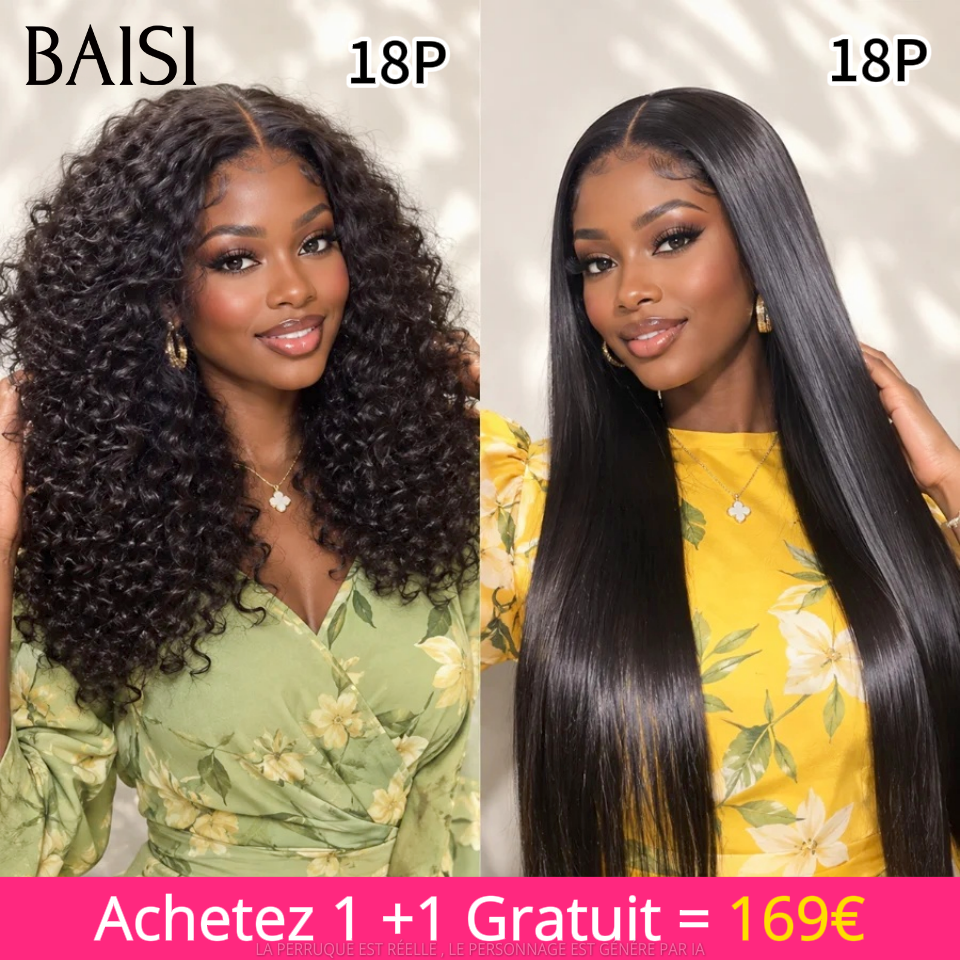 BAISI Achetez 1 + 1 Gratuite = 169€ 13x4 lace frontal Lisse et curly wave 18 Pouces en 100% vrais cheveux humains