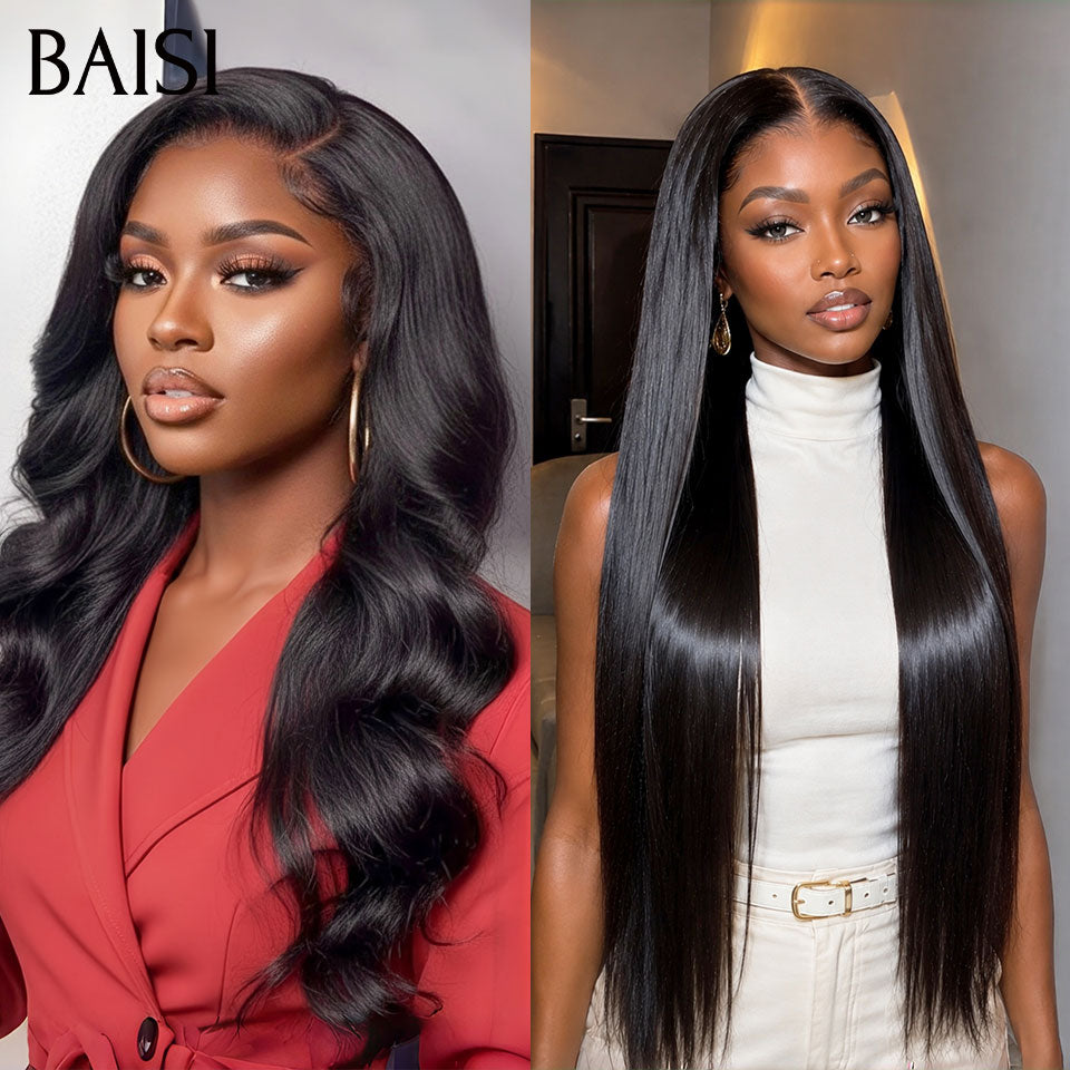 BAISI 13x4 lace Lot de 2 Perruques Longue Lisse + Body Wave 20Pouces 176€ Couleur Noir Prix Très Abordable en 100% Cheveux Humains Déjà En France Livraison 48H TVA 0€