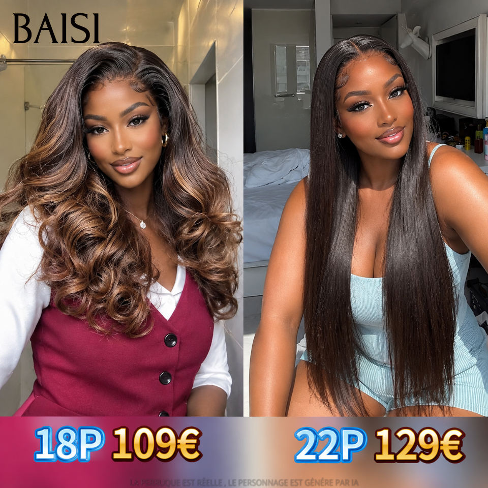 BAISI BLACK FRIDAY Offre limitée lace frontal 13x4 Perruque body wave 18 Pouces Marron 1BT4# et Lisse 22 Pouces NOIR en 100% Cheveux Humains