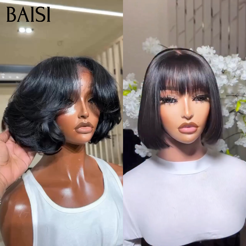 BAISI PROMO 2 Perruques 4x4 Lace Petite Coupe Ondulée + 2x4 Lace Bob Lisse Avec Frange 129€ Seulement Tendance Unique Pour les Vacances en 100% cheveux humains