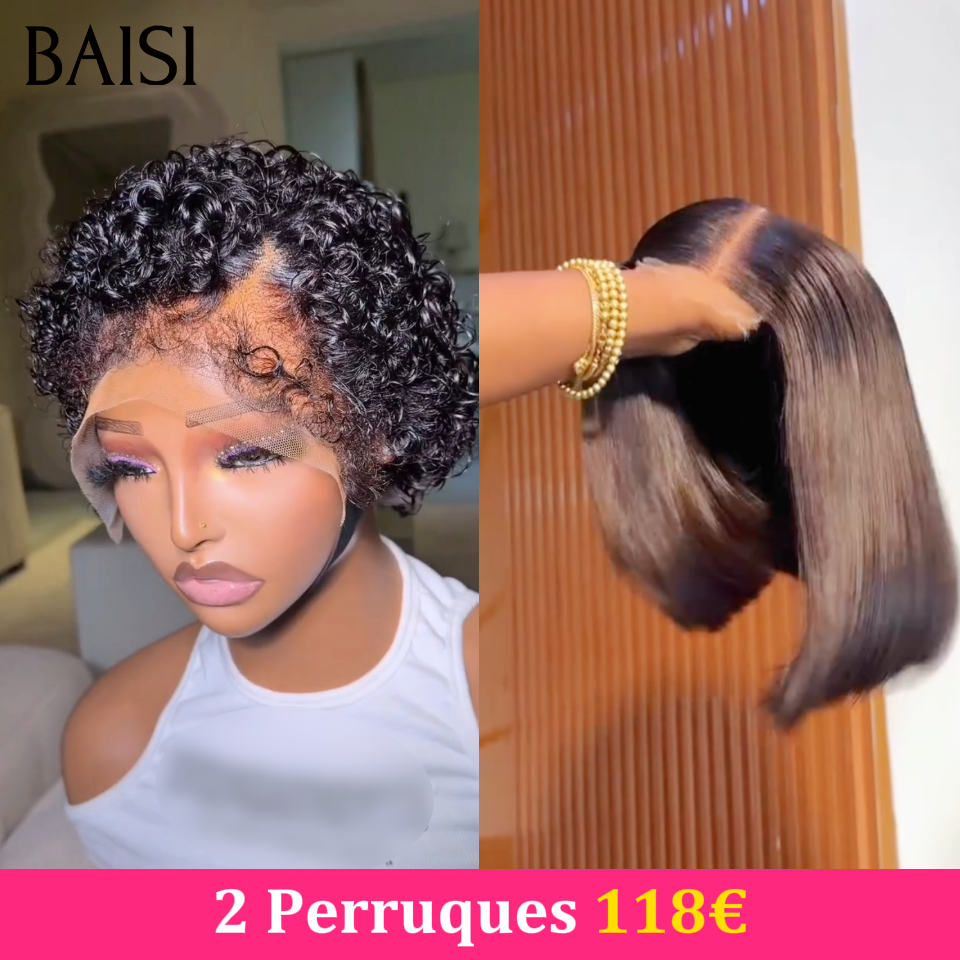 BAISI 13x4 Lace Frontale Lot De 2 Perruques Courte 1 Pixie Curly 69€ et 1 Bob Carré Lisse 78€ Seulement Promotion Inédite en 100% Cheveux Humains
