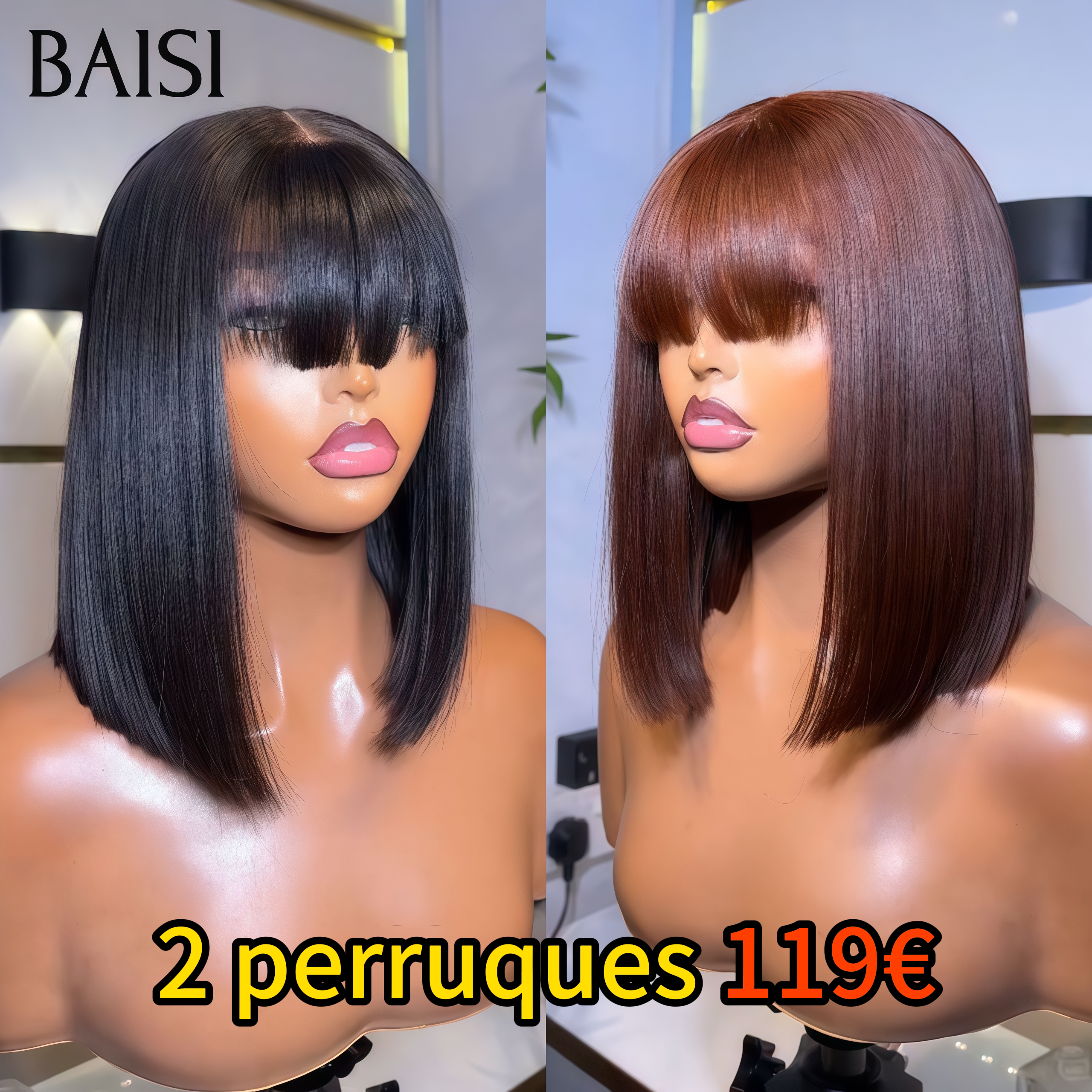 BAISI Promotion 2 perruques 129€ 8 pouce frange LIsse Marron et NOIR 100% vrais cheveux humains
