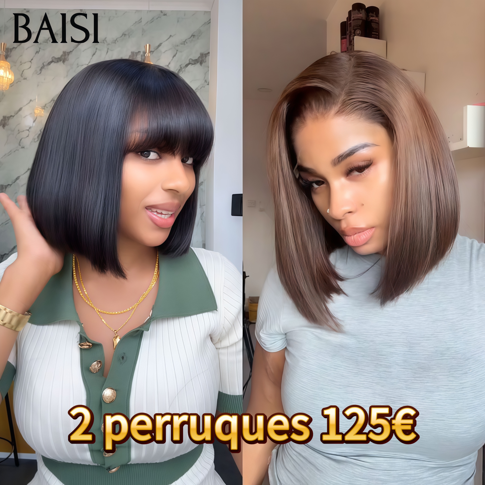 BAISI Lot de 2 perruques Flash Offer PROMOTION 125€ Lisse Marron et cu 2x4 Lisse Bob avec Frange 8 Pouces 100% vrais cheveux humains