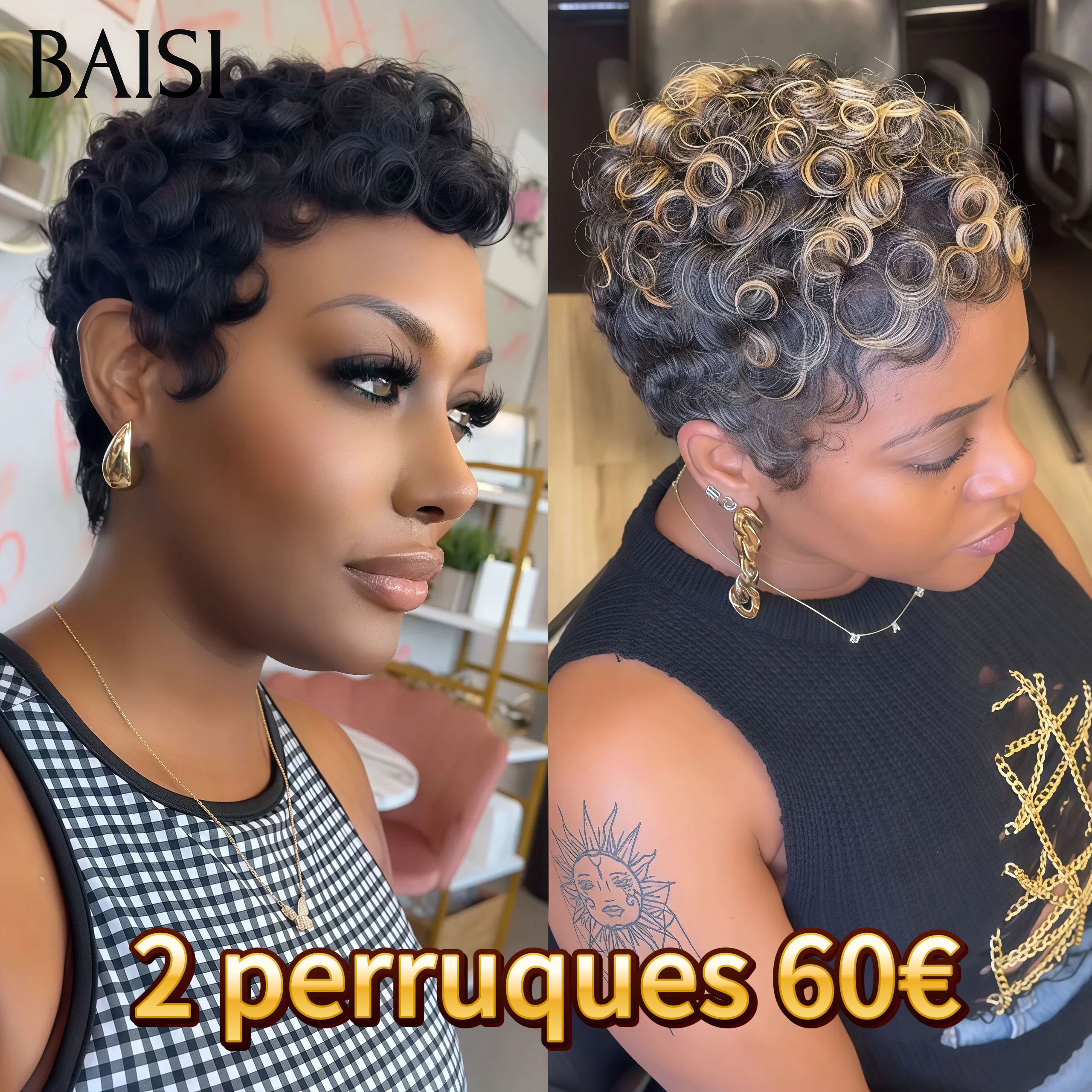 BAISI 2 perruques Flash Offer 60€ Vente en gros en France Perruques Chioma pixie finger wave Fabriqué à la Machine en couleur 4/27# ou 1B# en 100% vrais cheveux humains BS60