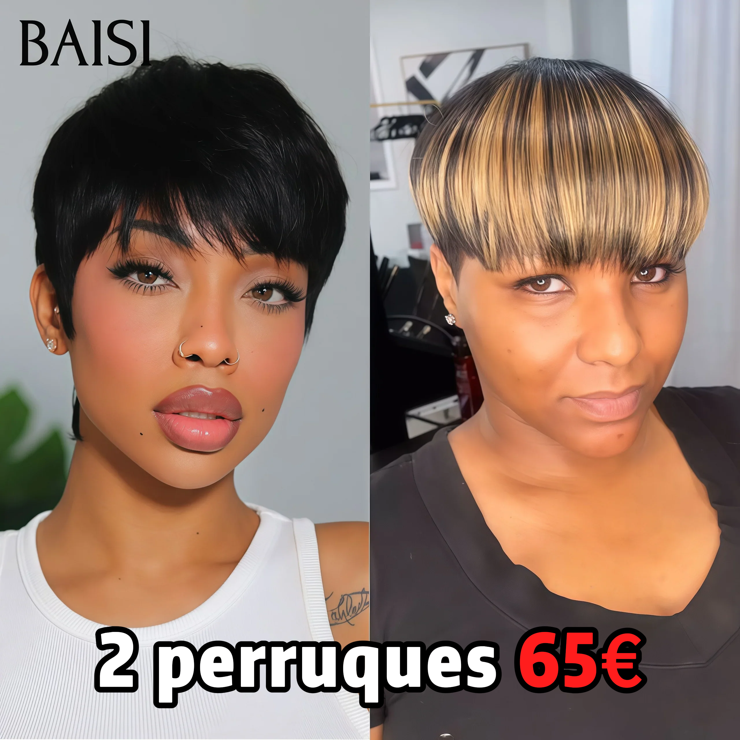 BAISI 2 perruques Flash Offer 65€ Vente en gros pixie lisse Fabriqué à la Machine 2 couleurs en 100% vrais cheveux humains BS30