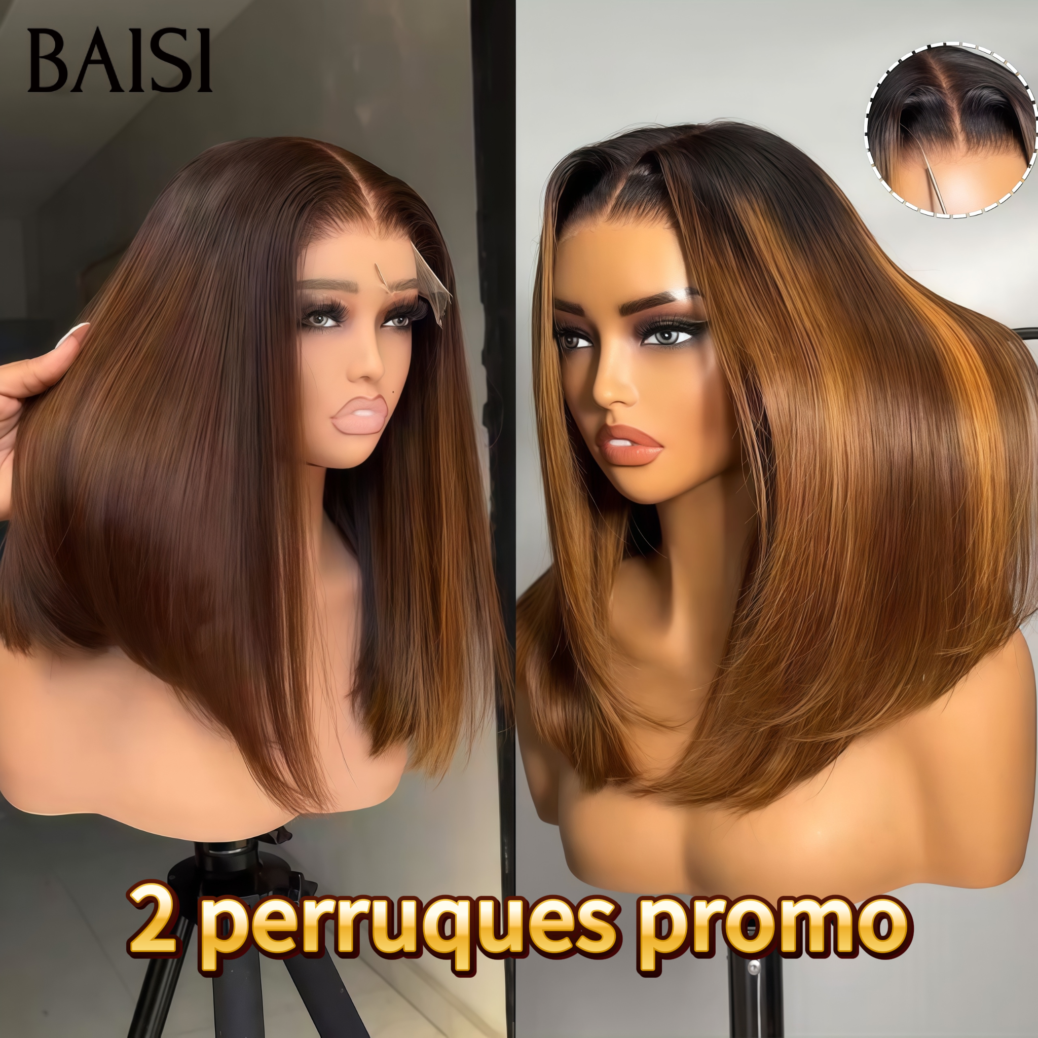 BAISI Grande PROMO 2 perruques promotion 13X4 lace frontal lisse bob 14 Pouces en couleur Marron et Mixte miel en 100% vrais cheveux humains