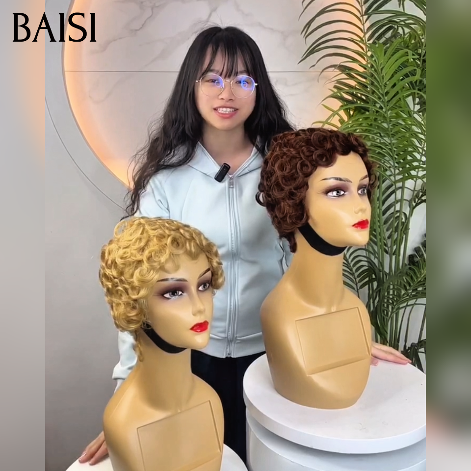 BAISI 2 Perruques 50€ pixie finger wave perruque chioma 2 couleurs blonde et Marron sans Colle Fabriqué à la Machine Facile à porter en 100% Cheveux Humains