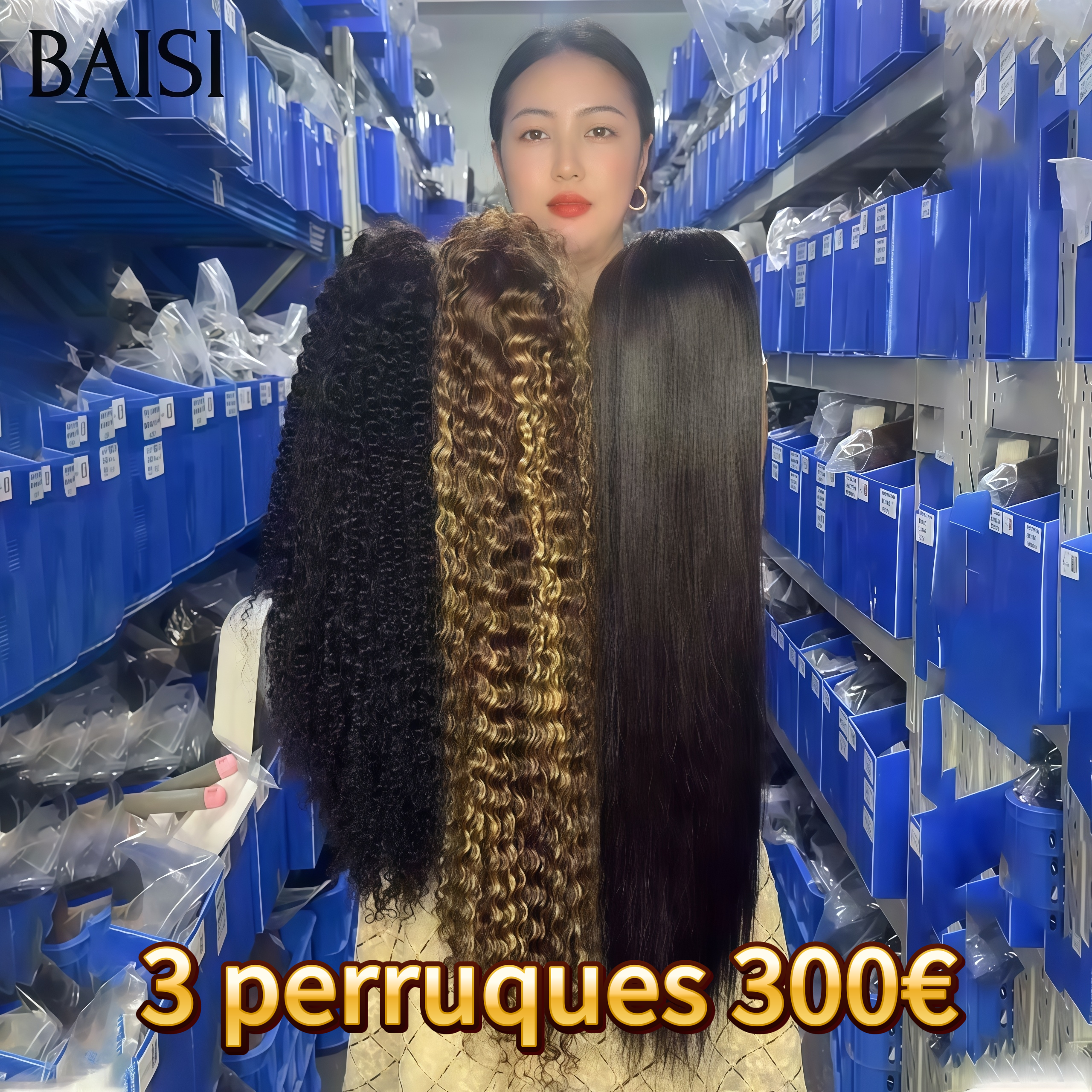 BAISI Lot de 3 perruques 300€ Flash Offer PROMOTION 13X4 lace frontal deep wave NOIR 18 Pouces et Mixte 18 Pouces et 4x4 lace closure Lisse NOIR 22 Pouces 100% vrais cheveux humains