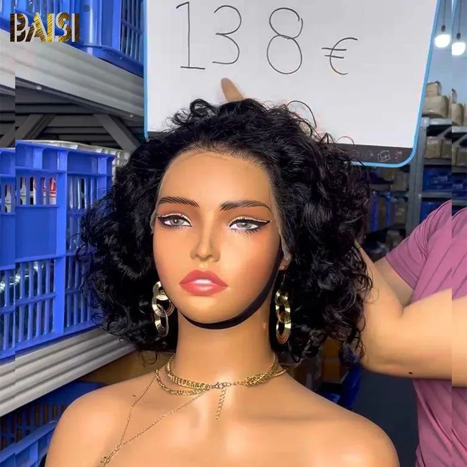 BAISI Achetez 2 perruques minimum au prix d'usine fournisseur 13X4 lace pixie Marron ou Bouclée coupe personnalisée boucles voluminieux 14 Pouces Vietnam Hair 300% densité (Pas Besoin de Code)