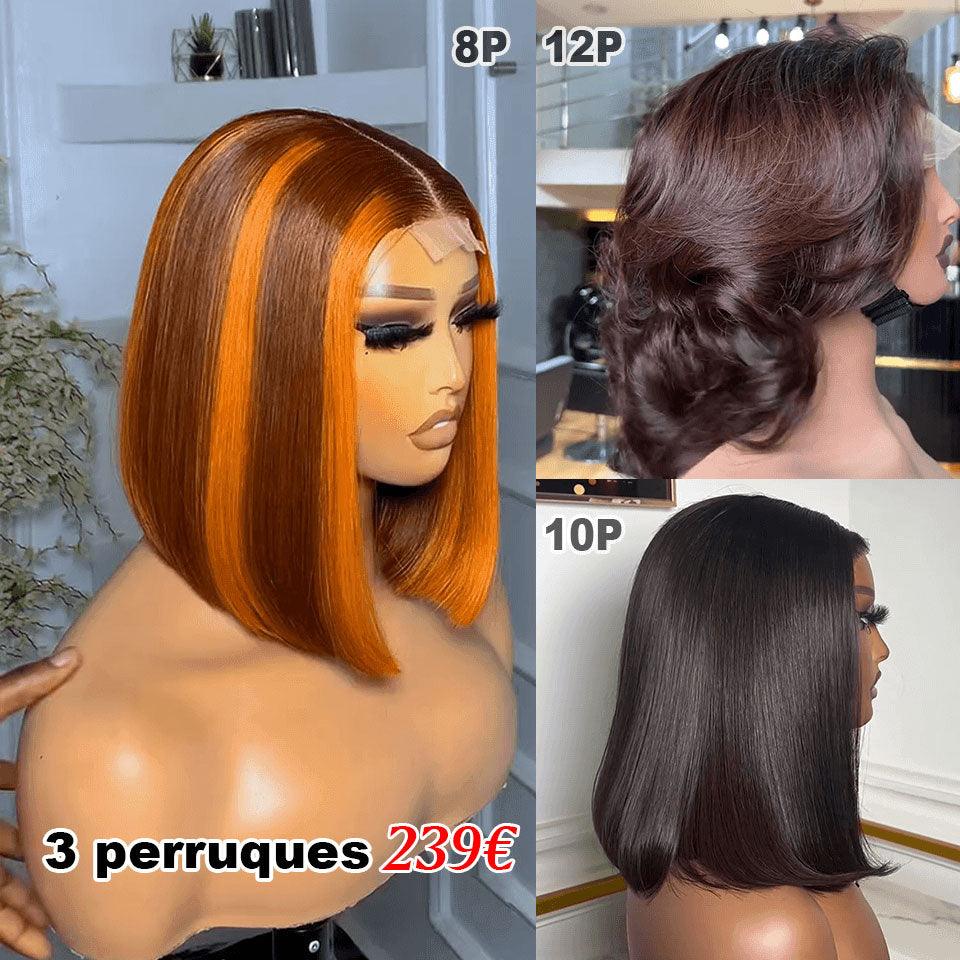 BAISI vente flash 3 perruques 239€ 2X6 lace Lisse NOIR et 2X6 lace Orange mix et boucle curl wave 12 Pouces en 100% vrais cheveux humains