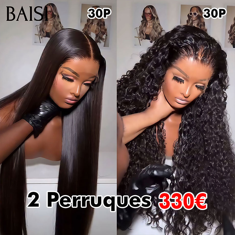 BAISI 2 perruques 330€ 13X4 lace frontal curly wave et 4X4 lace closure Lisse 30 Pouces en 100% cheveux humains à moitié prix mp50