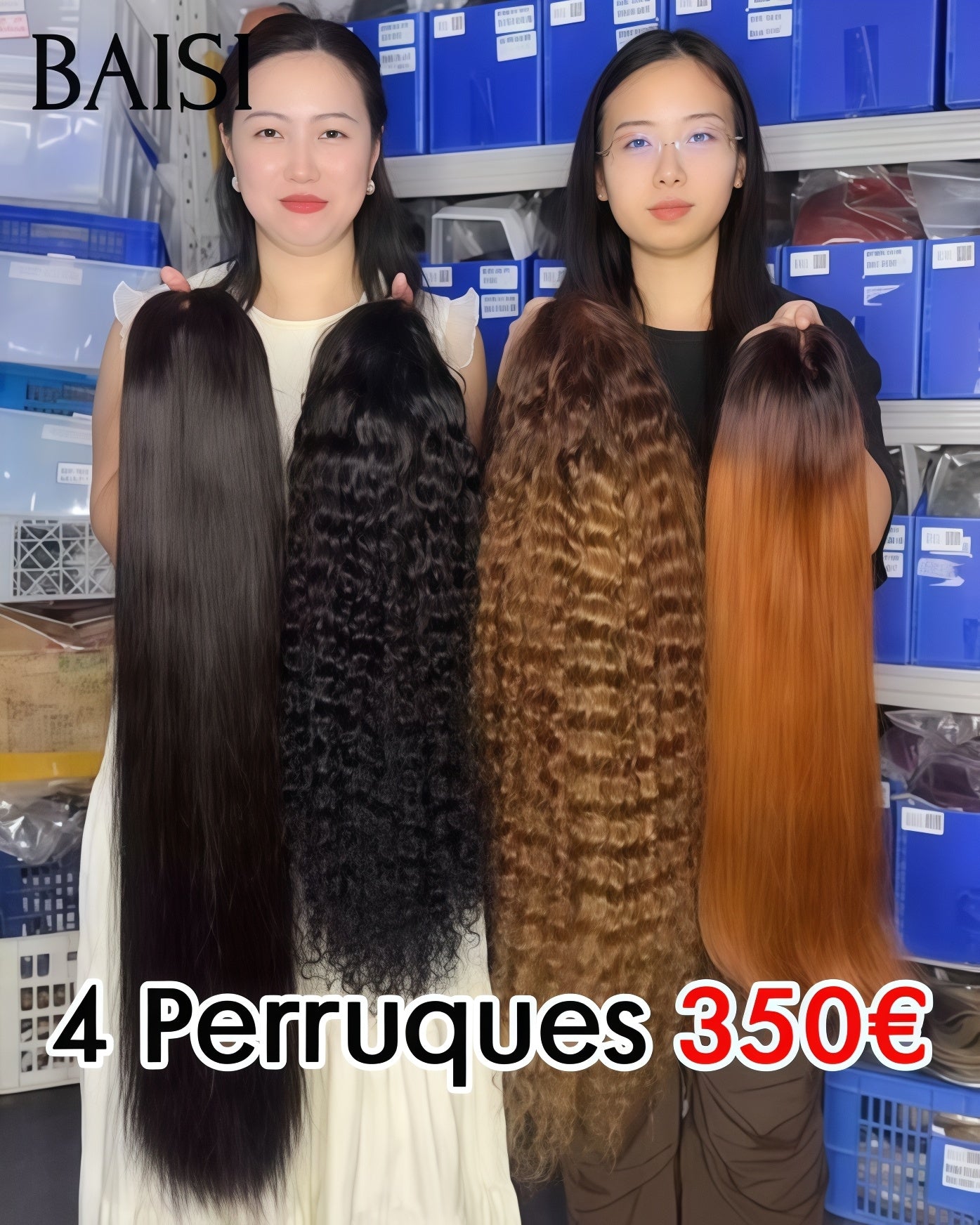 BAISI Lot de 4 perruques Flash Offer 350€ Ventes En Gros 4 styles de perruques différents et Différentes couleurs 13X4 lace frontal 24 Pouces NOIR et 2x6 closure 12 Pouces 1BT30# et lace frontal deep wave 4T30# 24 Pouces en 100% vrais cheveux humains