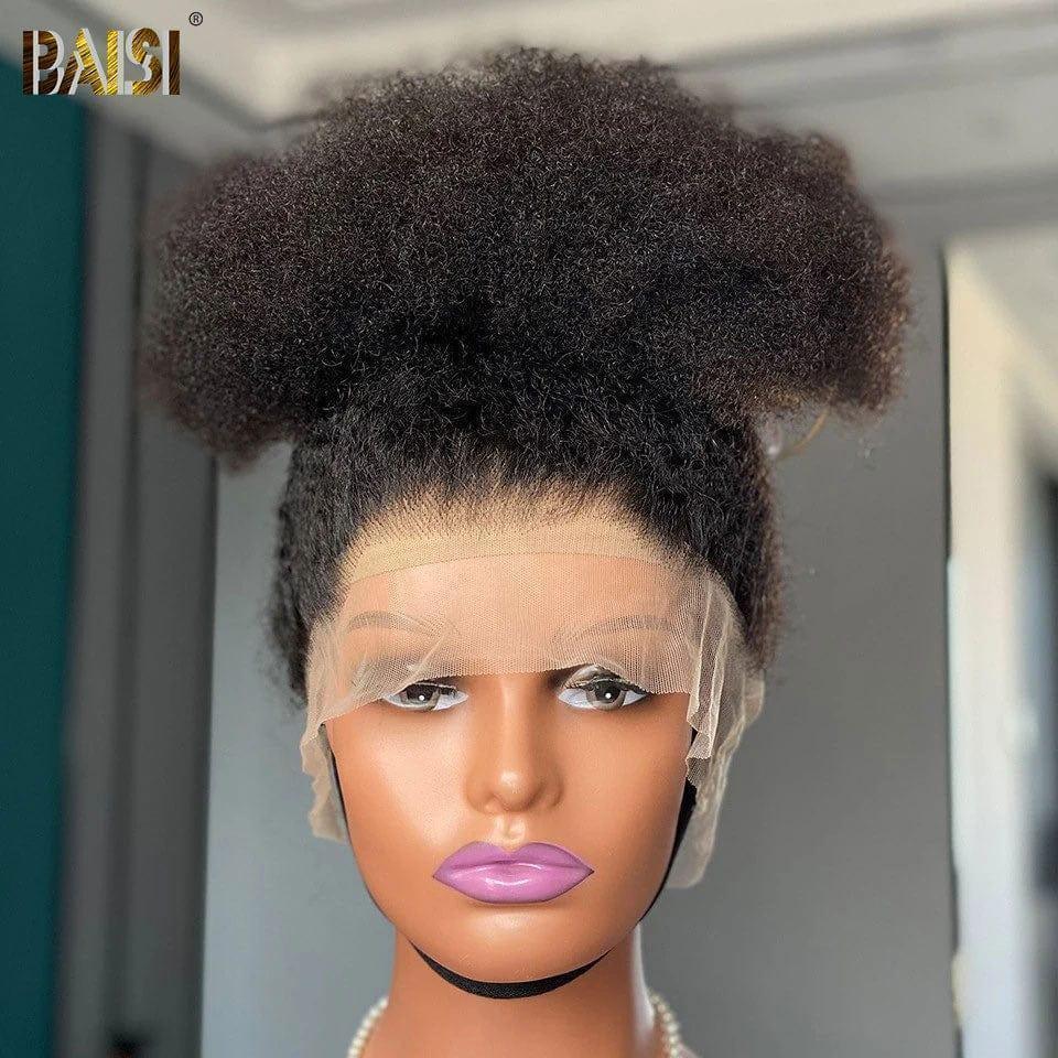 BAISI 360 Lace Wig 18 Inch BLACK Kinky Straight Real Human Hair Chignon Hairstyle