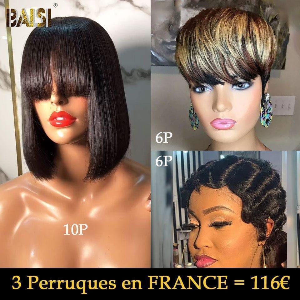 BAISI Perruque en France TVA 0€ Livraison gratuite 2-3 jours en Europe conbinée à petit prix 116€ ou 1 perruque curly wave avec Frange 12 Pouces Marron en 100% cheveux humains de bonne qualité livraison rapide