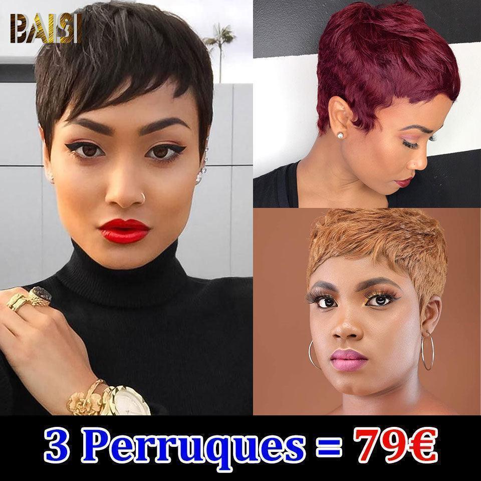 BAISI 2 Courte 76€ pixie ou Pour 3 Perruques Vente Combinée 79€ 100% Cheveux Humains Fabriqué à la Machine