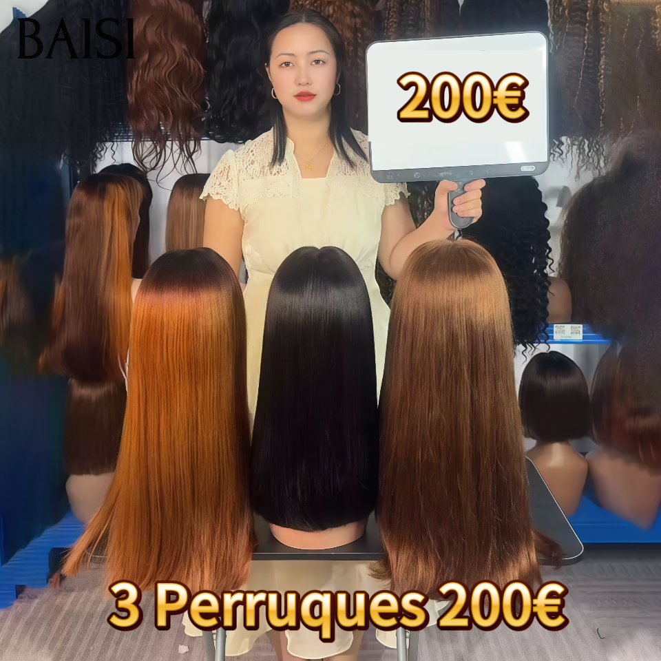 BAISI 3 Perruques 200€ promotion 13x4 Lace frontal Bob Lisse 3 couleurs en 100% Cheveux Humains