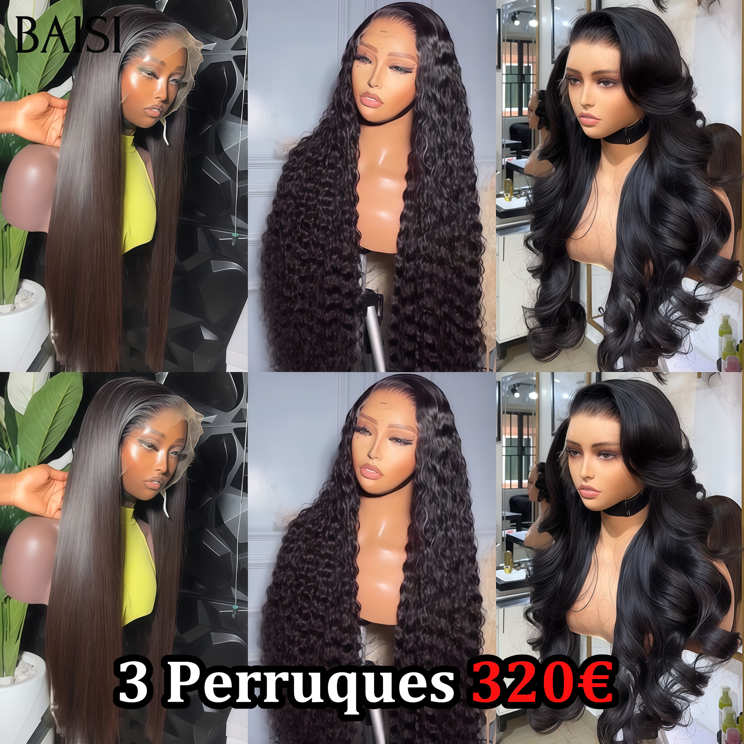 BAISI 3 Perruques 320€ 13x4 lace frontal Lisse et curly wave et Body wave 24 pouces en 100% vrais cheveux humains