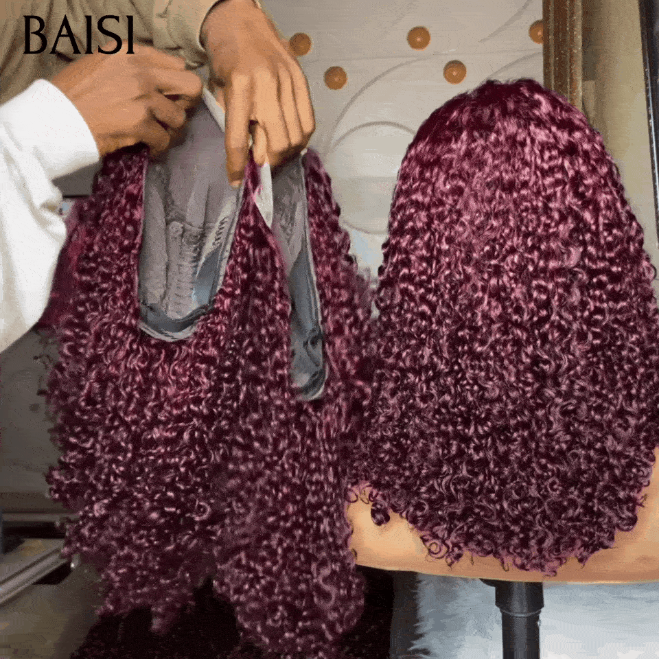 BAISI Grand SOLDES TVA 0€ 108€ Volume 250% densité Couleur Bordeaux 99j Lace 4X4 Perruques de Luxe curly Wave double drawn mèches vièges en 100% Cheveux Humains FR38