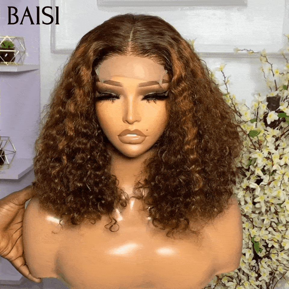 BAISI Grand SOLDES TVA 0€ 100€ Volume 250% densité 12 Pouces Couleur 4#Mix30# Lace 4X4 Perruques de Luxe curly Wave double drawn mèches vièges en 100% Cheveux Humains