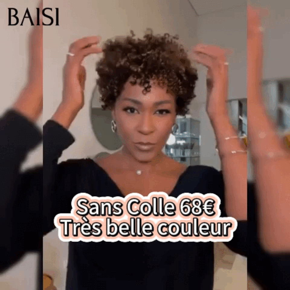 BAISI Perruque Pixie Afro curly en couleur noir mix miel 68€ sans colle sans lace 100% Cheveux Humains Fabriqué à la Machine BS60