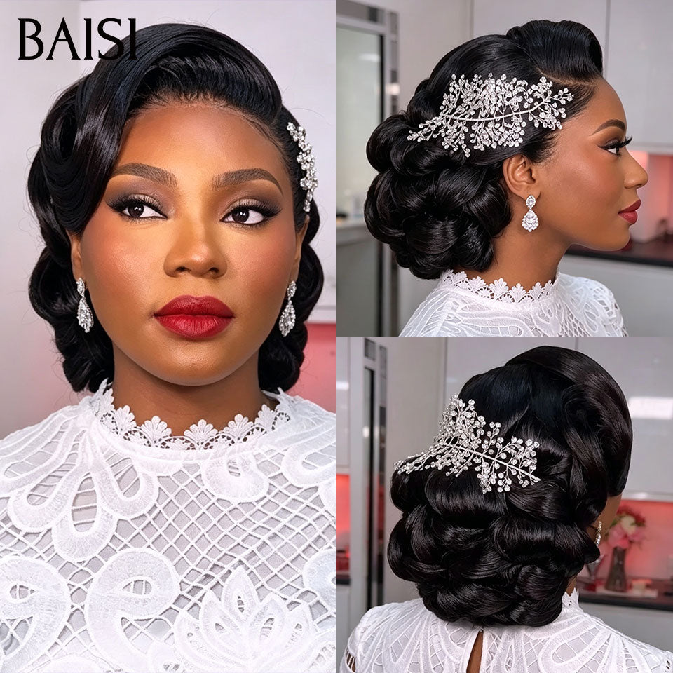 BAISI Coiffure de luxe Zoéline Perruques Mariage noir Prête à porter chignon et personalisation comme sur la vidéo 100% identique avec lace frontale événement spécial BS120