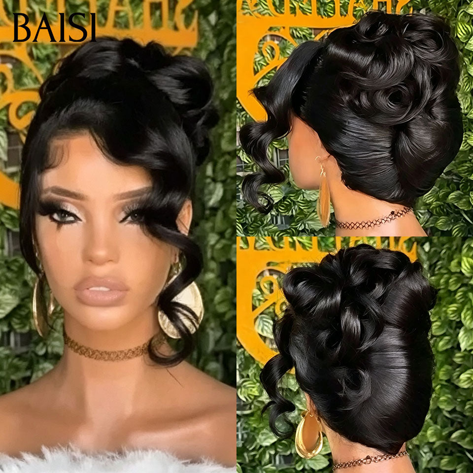 BAISI Coiffure de luxe Kitty Perruques Mariage noir Prête à porter chignon et personalisation comme sur la vidéo 100% identique avec lace frontale événement spécial BS120