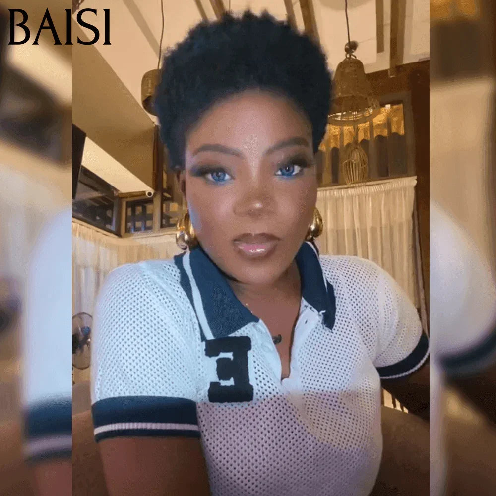 BAISI Flash-Angebot heute 65 € Pixie Afro Curl Perücke 13x4 Spitze vorne lockig ganz in Schwarz verschiedene Farben erhältlich in 100 % Echthaar F-905 FR38