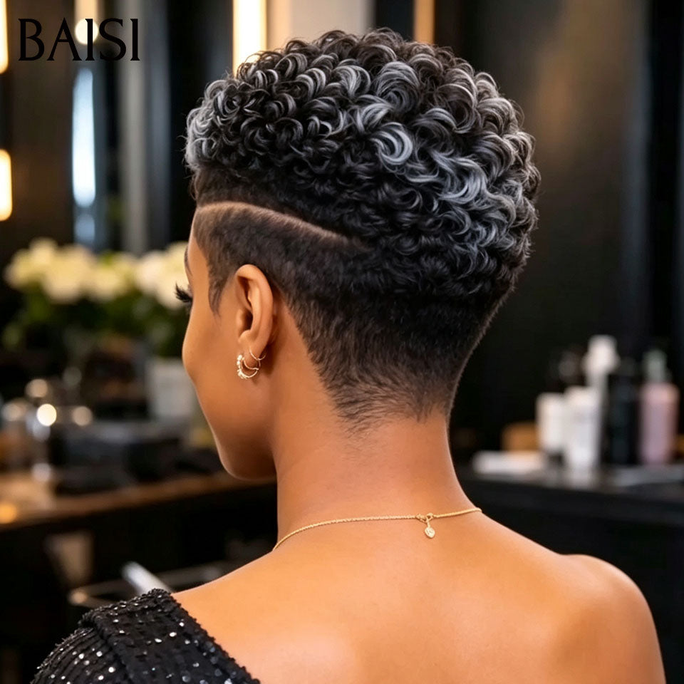 BAISI 5x5 Lace Perruque Pixie Coiffée 89€ Couleur Noir et Gris Très A la Mode Prête A Porter en 100% Cheveux Humains