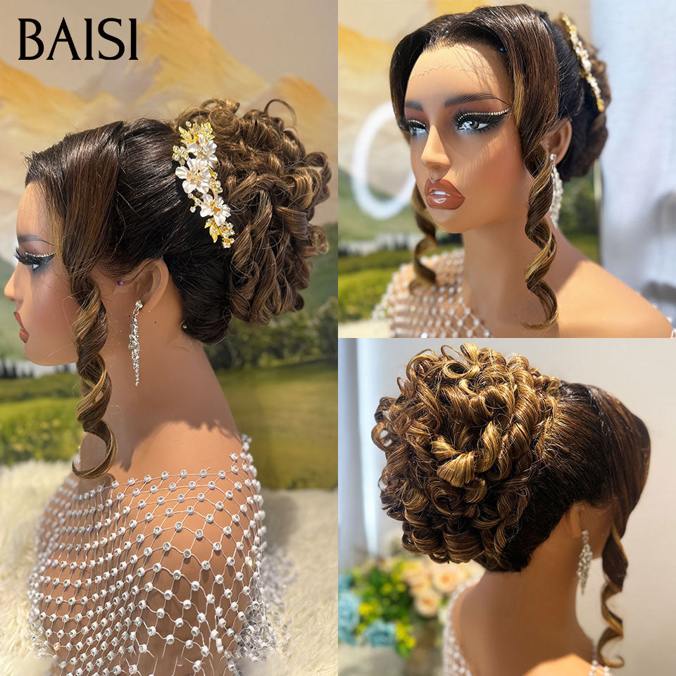 BAISI Peruca de luxo Josephine para noiva, pronta a usar, chignon e personalização como no vídeo, 100% idêntica, com lace frontal para casamento ou evento especial, na cor 1BT27#