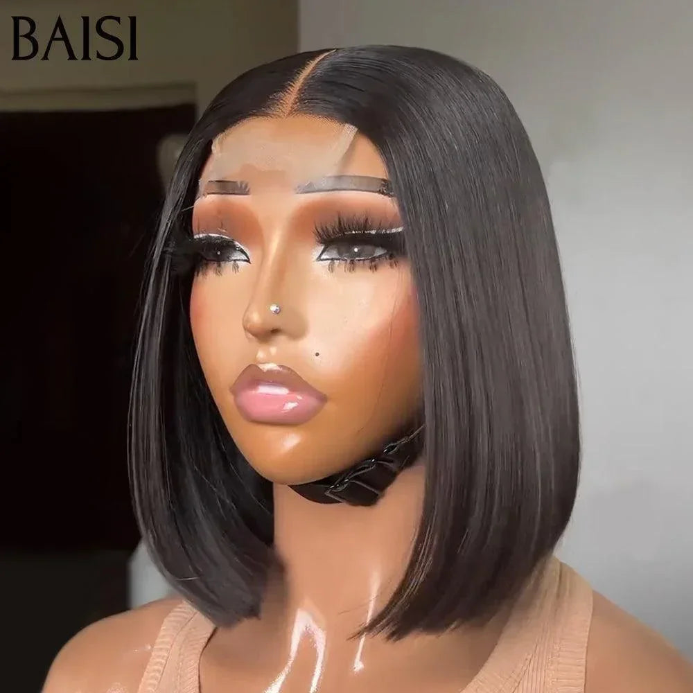 BAISI Perruques de Luxe Viêtnam Hair 2X6 Lace Perruque BOB Noir Lisse en 100% Cheveux Humains Vietnam Hair 300% densité plus de 20 ans d' utilisations