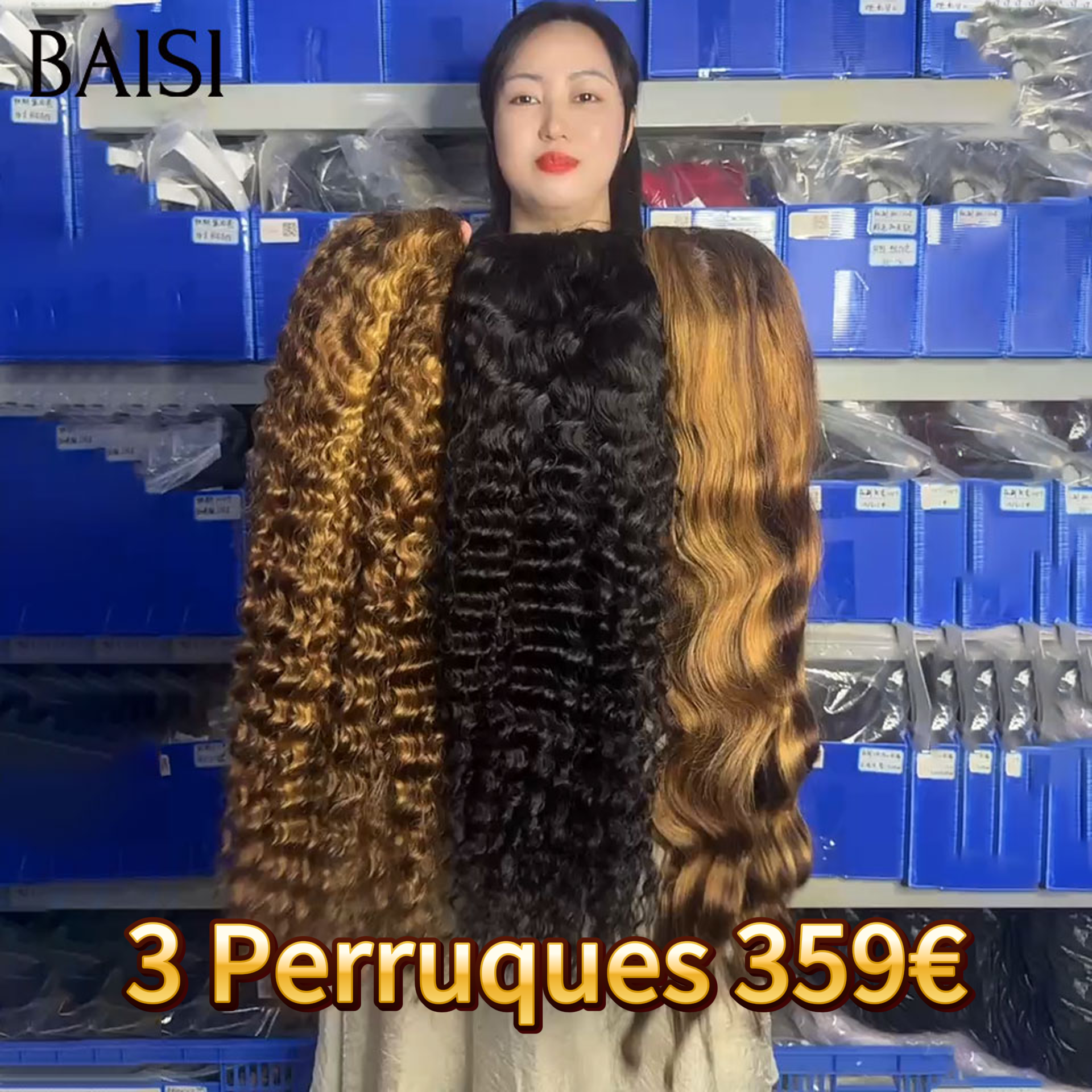 BAISI PROMO Ventes En Gros 3 Perruques 359€ 13X4 lace frontal deep wave mixte 30 pouces et deep wave 26 pouces noir et body wave mixte miel 30 pouces en 100% cheveux humains