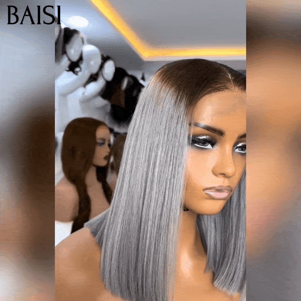 BAISI Collection Salt and Pepper SDD BONE STRAIGHT Wig Smooth Bob 2x6 Lace Closure 100% Vietnamese Hair in color #4/Grey 100% Real Human Hair