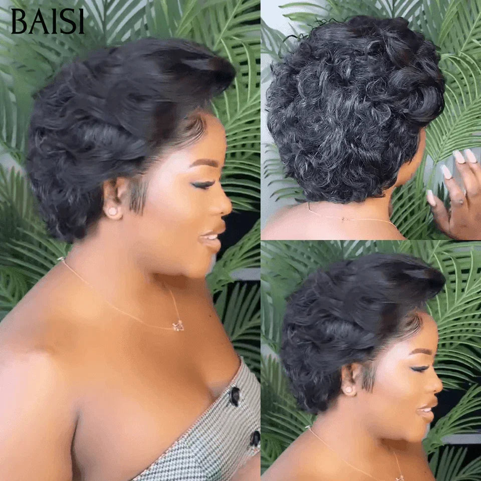 BAISI Offre Flash 13x4 Perruque Pixie boucles en Noir Moitié Prix 50€ 200% densité Orange Pixie Coupe Pré-plucked 100% Cheveux Humains MP50