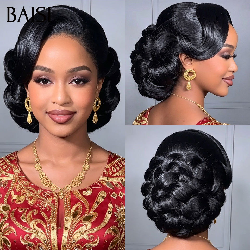 BAISI Coiffure de luxe Clara Perruques Mariage noir Prête à porter chignon et personalisation comme sur la vidéo 100% identique avec lace frontale événement spécial FR40
