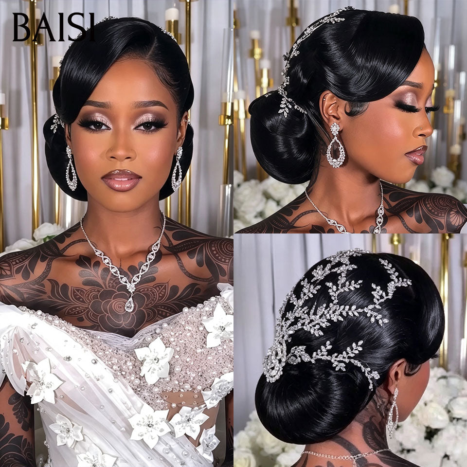 BAISI Coiffure de luxe Lillian Perruques Mariage noir Prête à porter chignon et personalisation comme sur la vidéo 100% identique avec lace frontale événement spécial BS120