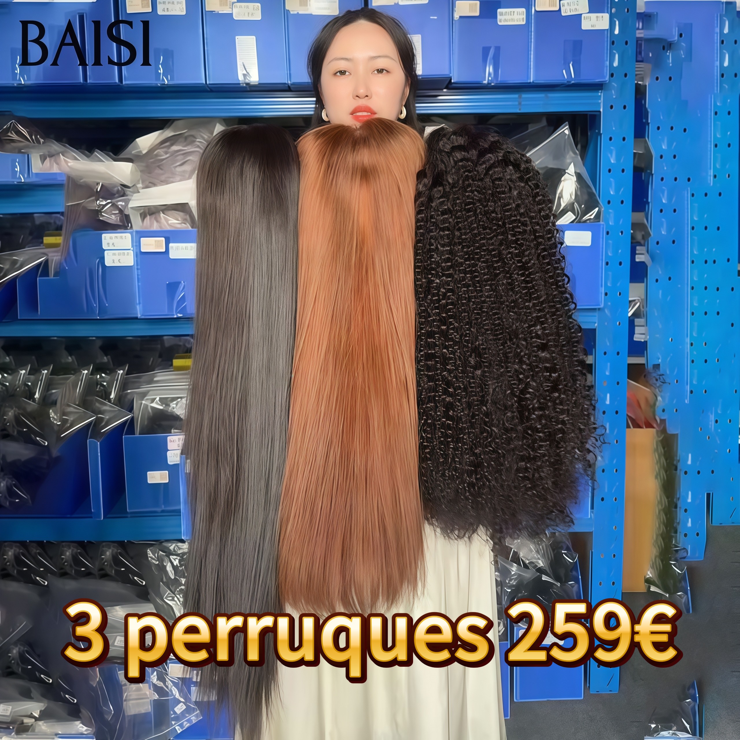 BAISI pour revendre 3 perruques 259€ 13x4 lace frontal Lisse 22 pouces NOIR et Marron 20 Pouces et curly wave 20 pouces en 100% vrais cheveux humains