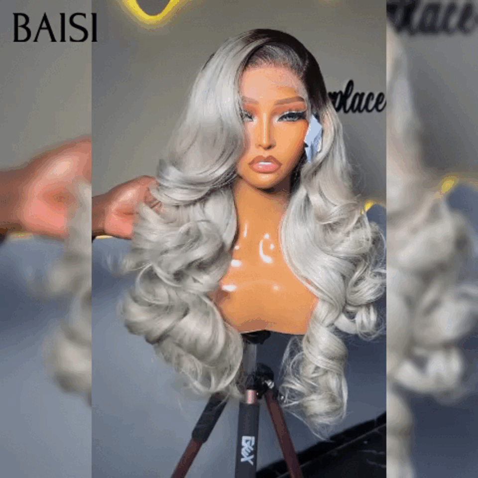 BAISI Collection Poivre et Sel 13X4 Frontal Perruque Body Wave grise claire mixte violet En 100% Vrais Cheveux Humains