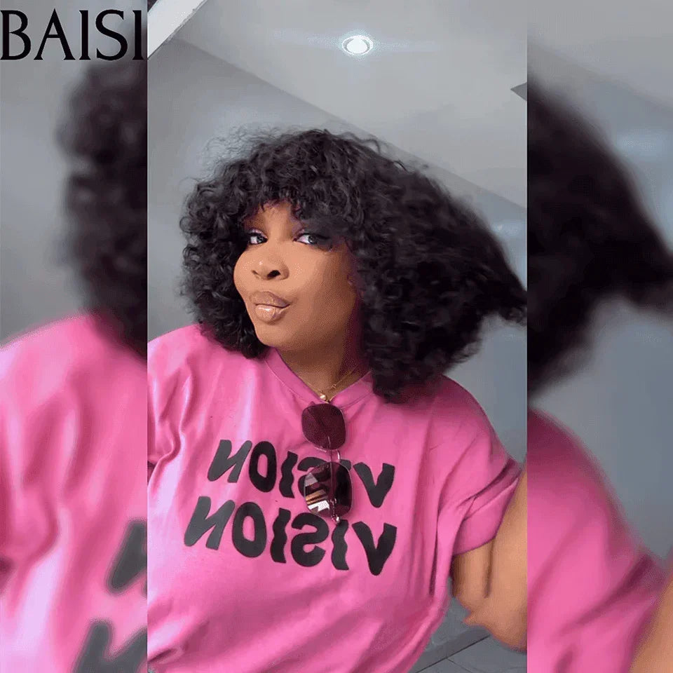 BAISI Offre Flash Aujourd'hui 89€ Perruque Bouclée Curl Wave en Couleur Noir Sans Lace Sans Colle en 100% Cheveux Humains
