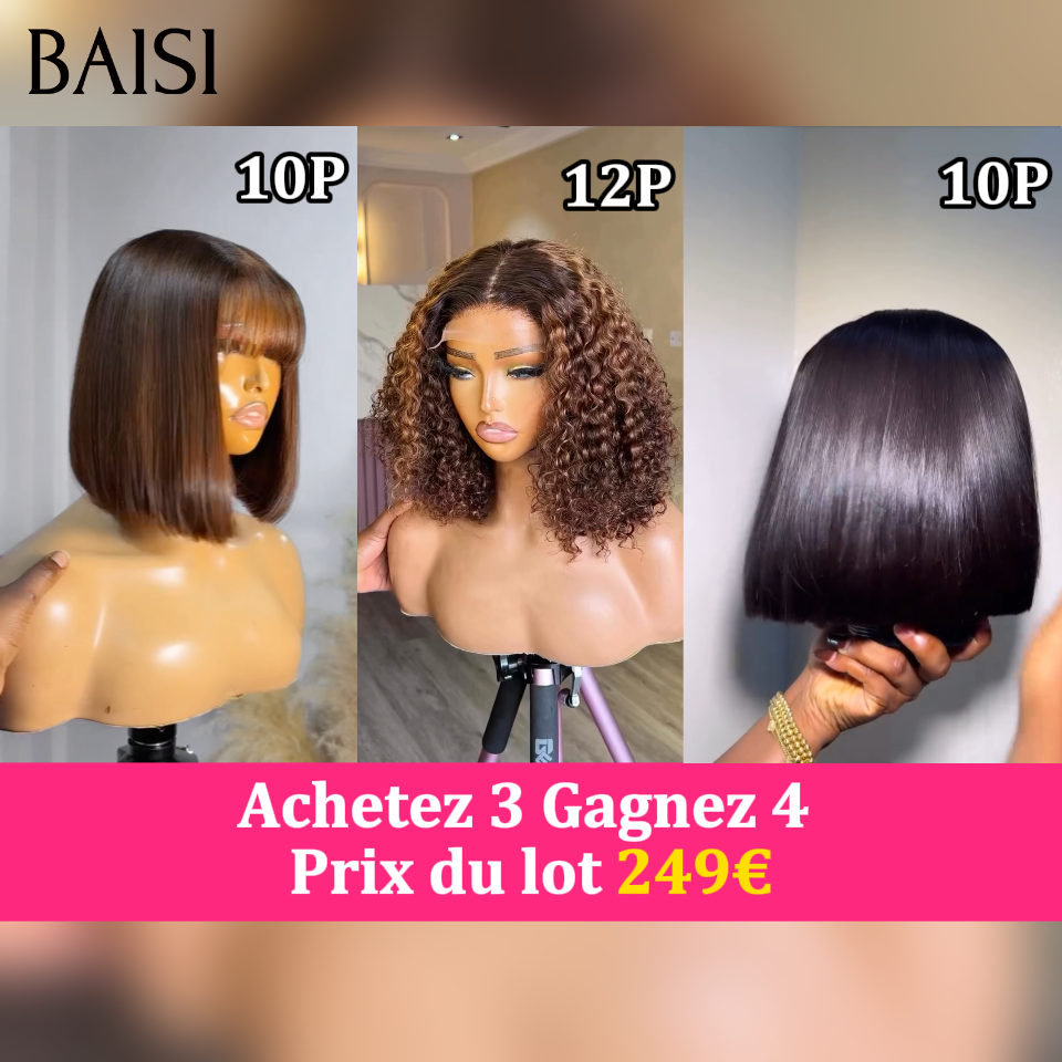 BAISI Achetez 3 Gagnez 4 Lot de 3 Perruques Bob 10pouces 249€ Carré Lisse Avec Frange Marron 4# + Curly Couleur Marron 4# + Carré Lisse Noir En 100% Vrais Cheveux Humains