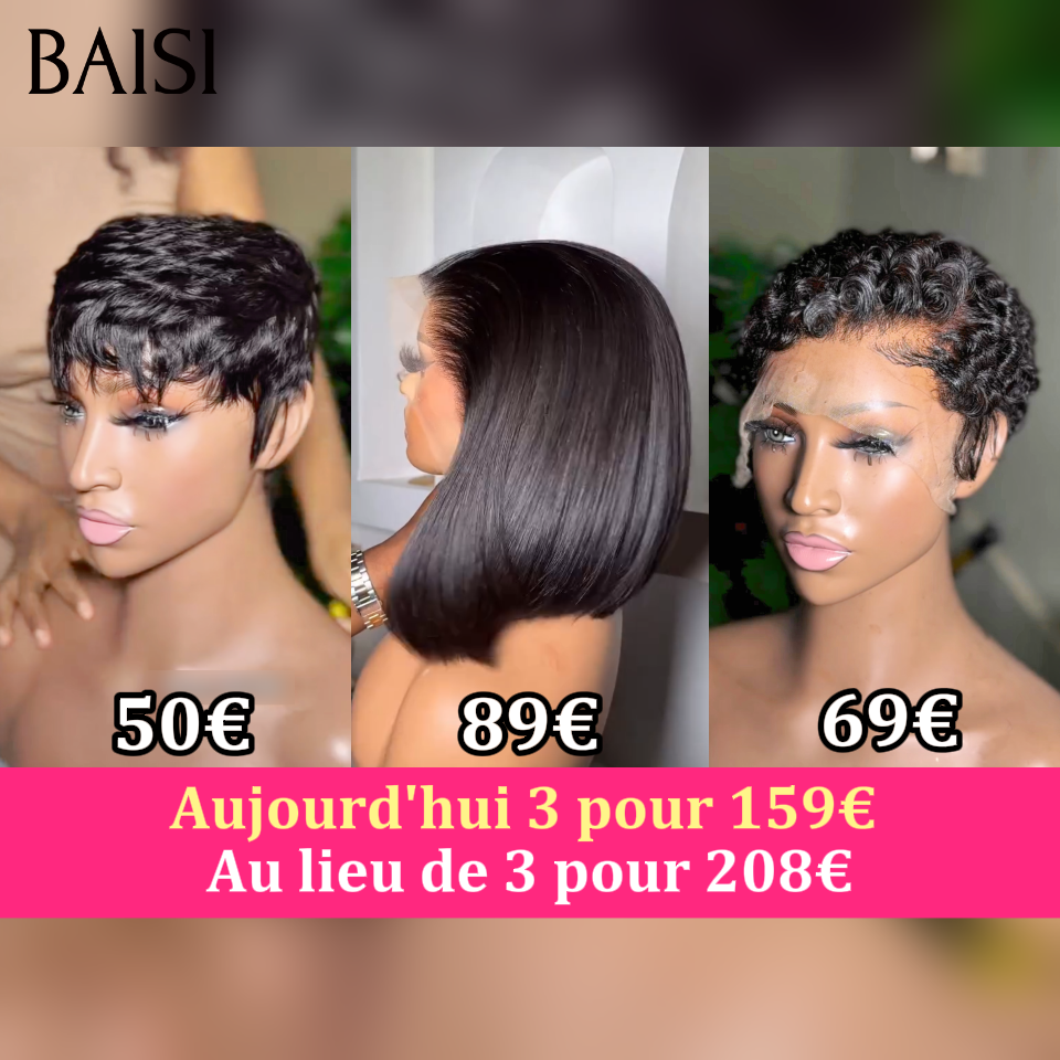 BAISI promotion 3 perruques 159€ au lieu de 208€ Trois différentes modèles Indispensable pour l'Eté en 100% Cheveux Humains