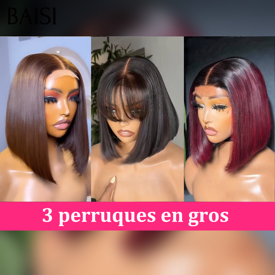 BAISI Lot de 3 Perruques 8Pouces En Gros Bob Carré Lisse Avec et Sans Frange Couleur Noir 1B# Marron 4# et Bordeaux 99J# Très Facile A Revendre en 100% Cheveux Humains