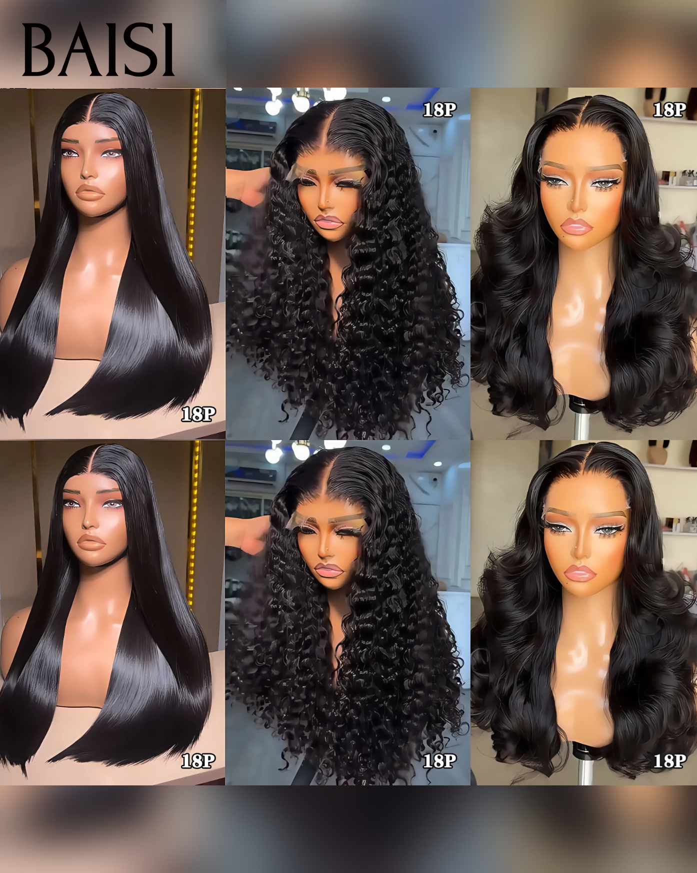 BAISI Lot de 3 perruques PROMOTION 259€ 4X4 lace closure 18 Pouces curly wave et body wave et lisse NOIR en 100% vrais cheveux humains