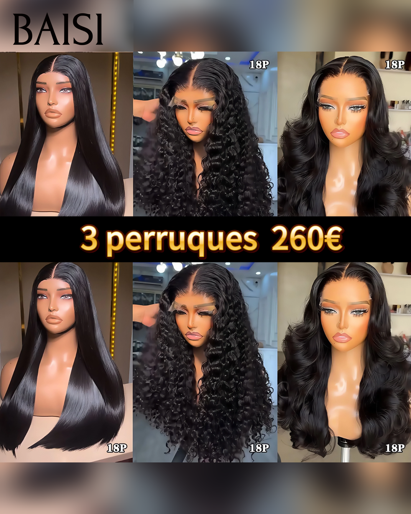 BAISI Lot de 3 perruques PROMOTION 259€ 4X4 lace closure 18 Pouces curly wave et body wave et lisse NOIR en 100% vrais cheveux humains