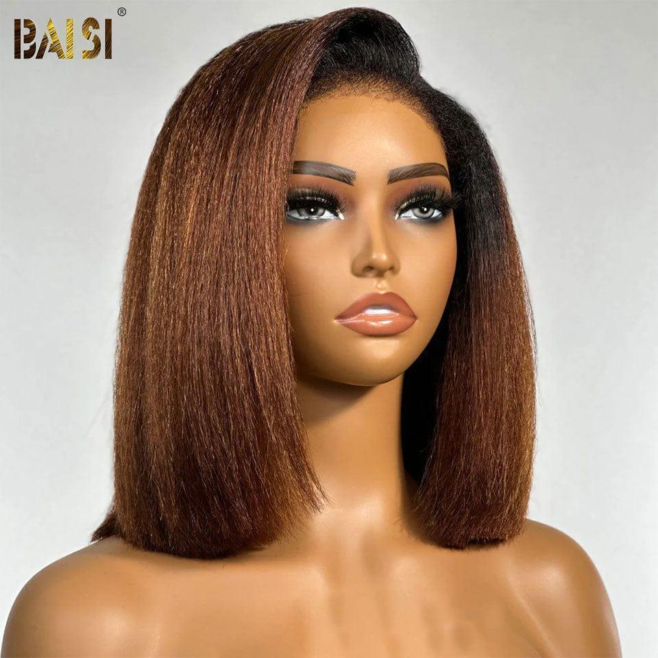 BAISI 13X4 Perruque Bob Kinky Straight En Noir 12 pouces 145€ ou 1BT4# en 100% Raw Hair 4C Hairline Vietnam Hair 300% densité plus de 20 ans d' utilisations