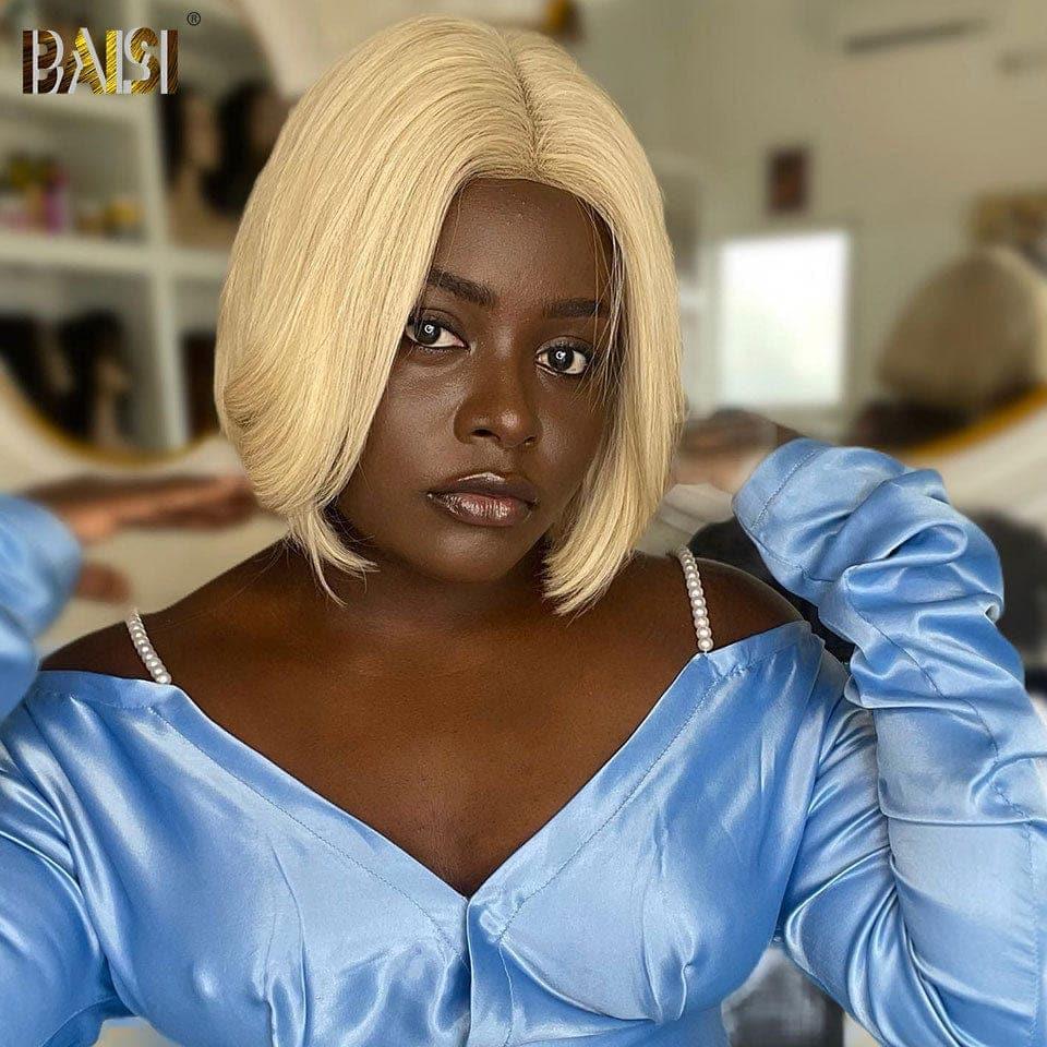 Baisi premium luxo peruca 4x4 cabelo cru loiro #613 reto 8 polegadas pré-arrancado sem necessidade de cola em 100% cabelo cru renda já cortado