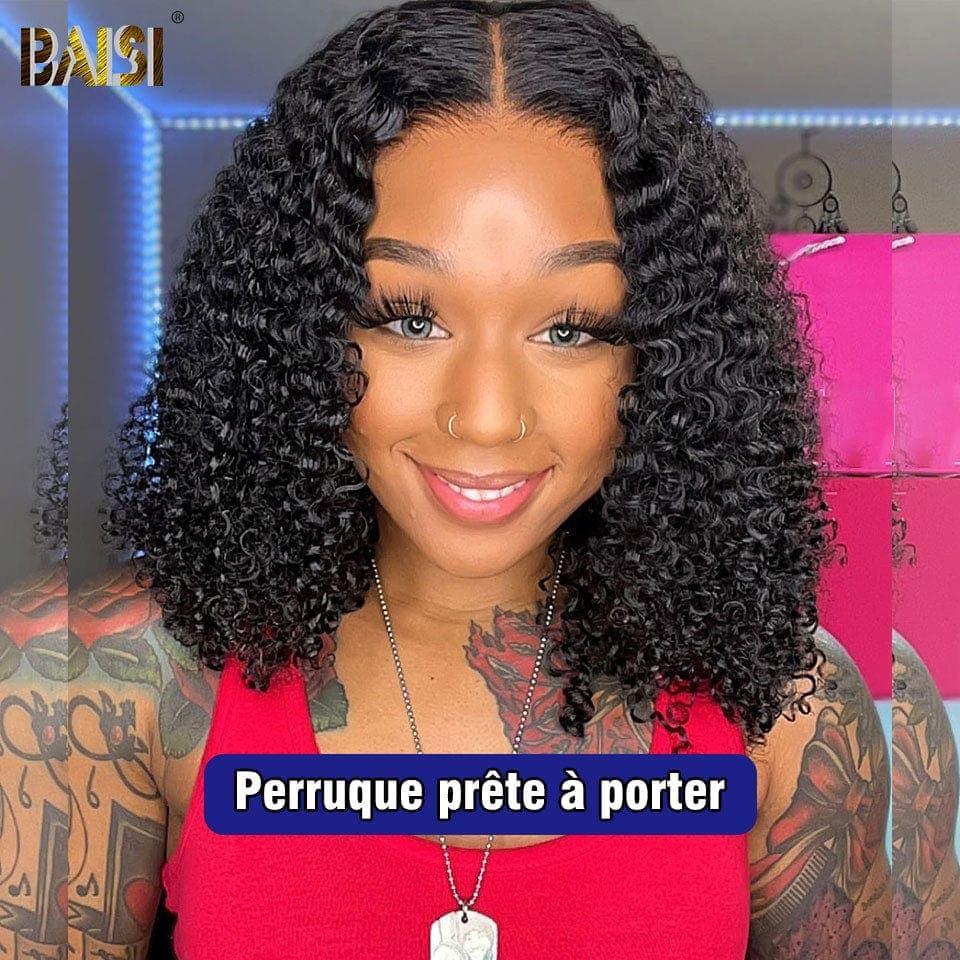 BAISI 4x4 Bob Deep Wave Wig in Black Glueless Lace Front Cut Easy to Wear 100% Human Hair