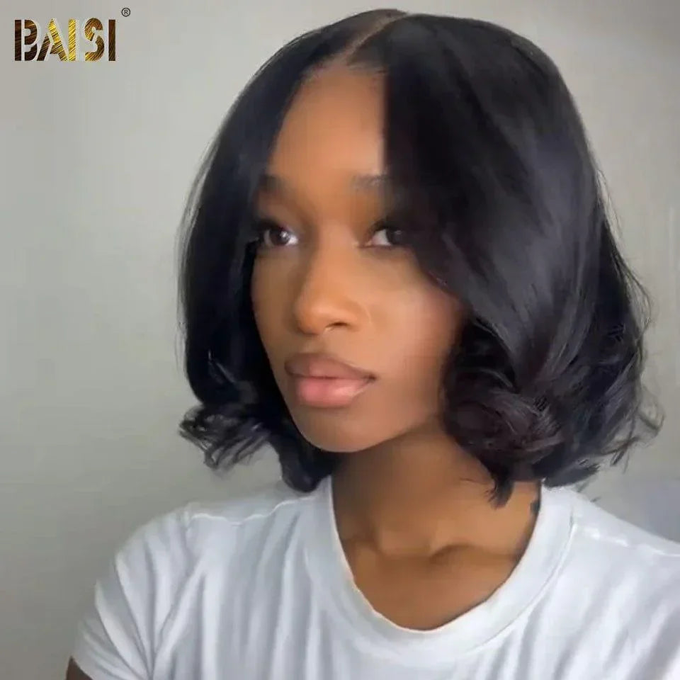BAISI 4x4 Lace Closure Perruque Bob Kinky Straight en 100% Vrais Cheveux Humains