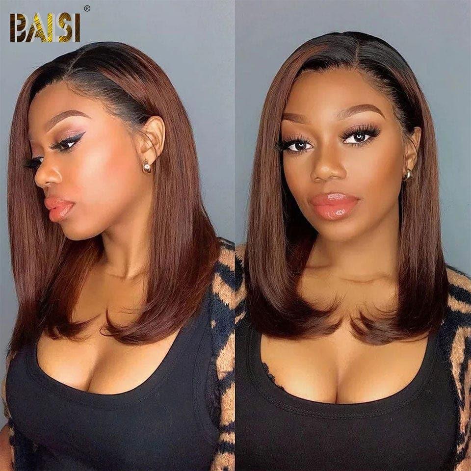BAISI 13X4 peruca quadrada reta na cor marrom pré-arrancada sem necessidade de cola em cabelo 100% cru renda já cortada