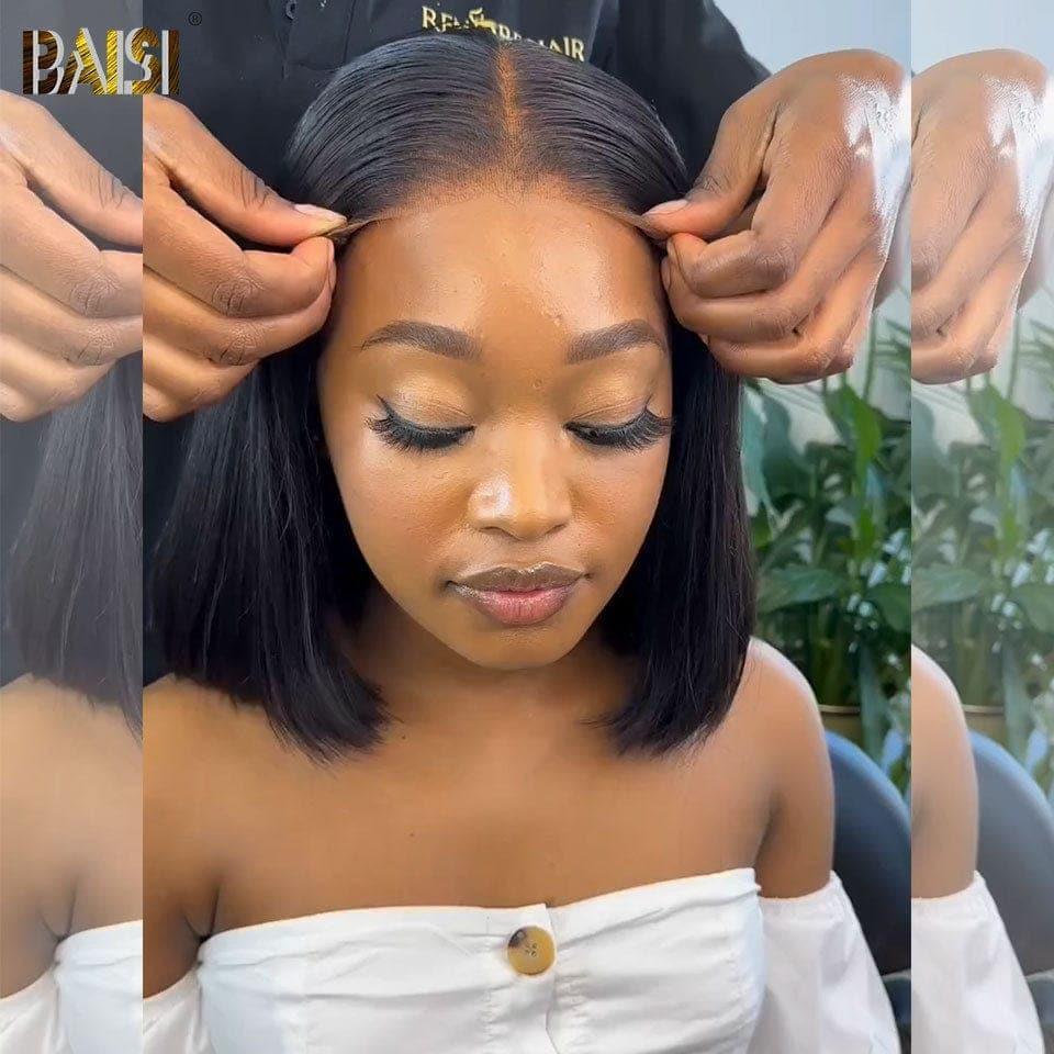 BAISI 4x4 Perruque Bob Lisse 10 Pouce 88€ en Noir Sans Colle Lace déjà couper Facile à Porter en 100% Cheveux Humains D