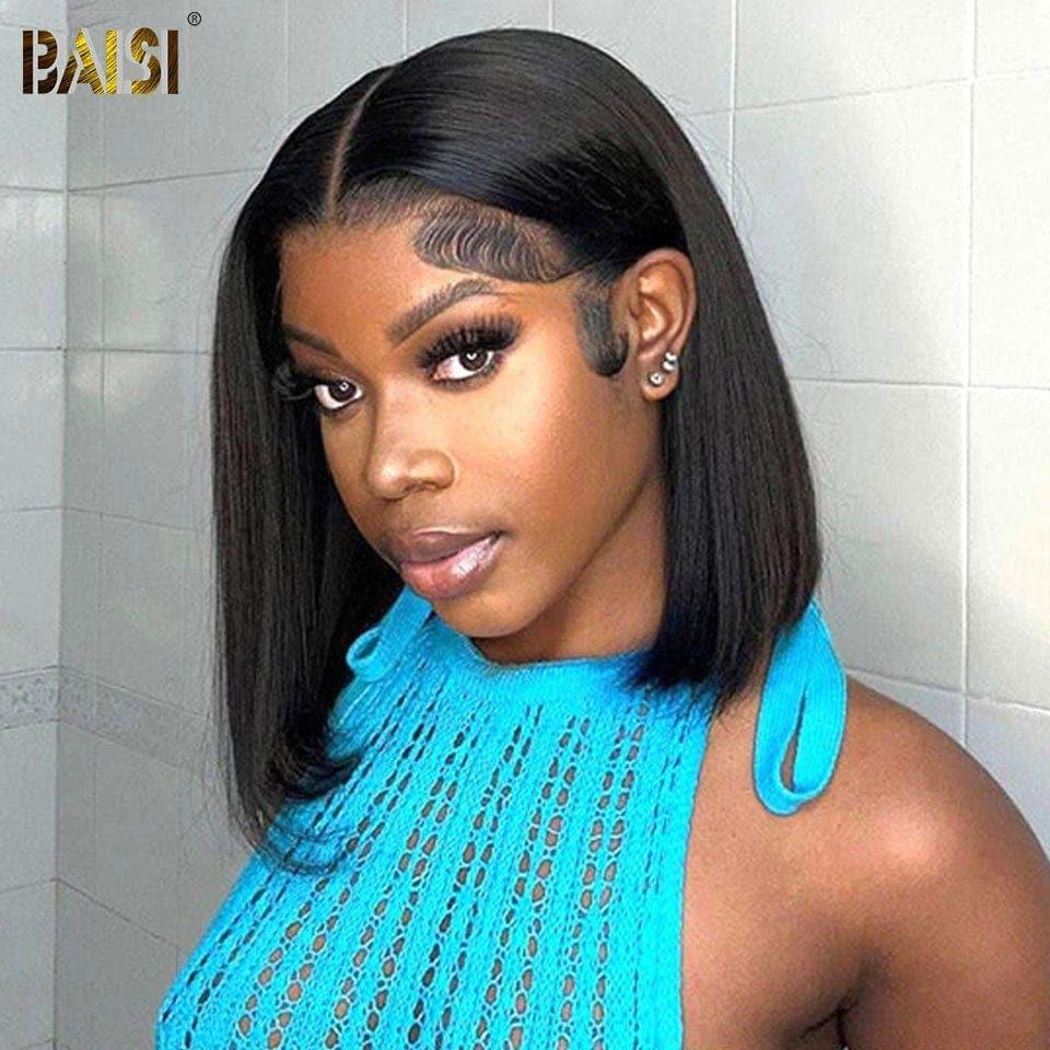 BAISI 4x4 Perruque Bob Lisse 10 Pouce 88€ en Noir Sans Colle Lace déjà couper Facile à Porter en 100% Cheveux Humains D